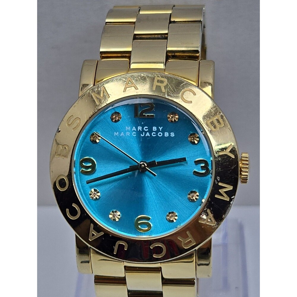 Marc Jacobs Amy Aqua Blue Gold Tone Womens 36mm Dress Watch Classic New Battery - Picture 4 of 14